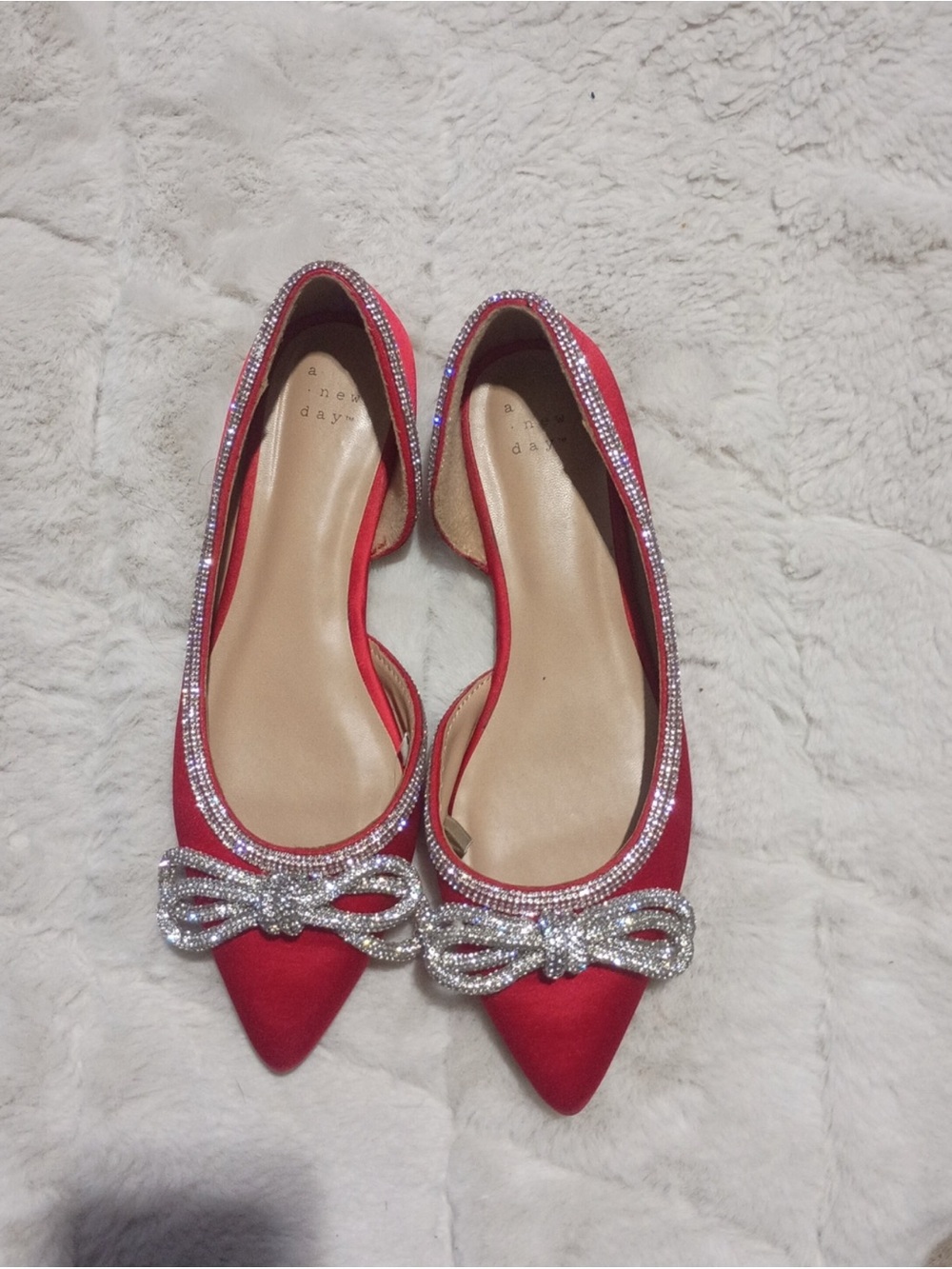 a new day Red Pointed Toe Crystal Bow Flats